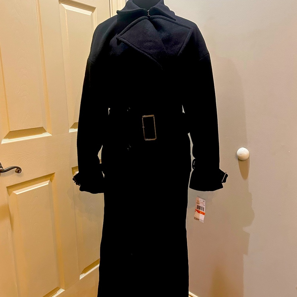 Michael Kors Long Black Wool Peacoat, SZ Small, with Belt